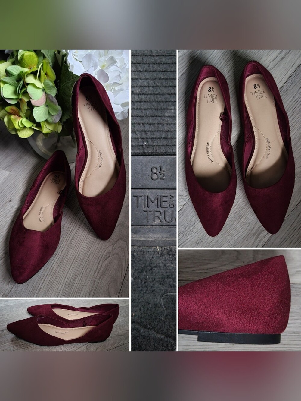 TIME & TRU burgundy pointed-toe ballet flats with low heel, US 8.5 EU 40